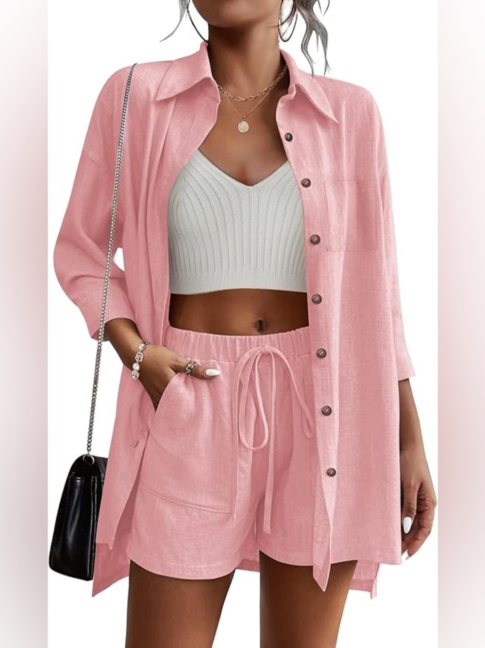 Pink Cotton Gauze 2 Piece Lounge Set Button Up Shorts Set Size M Coastal Grandma